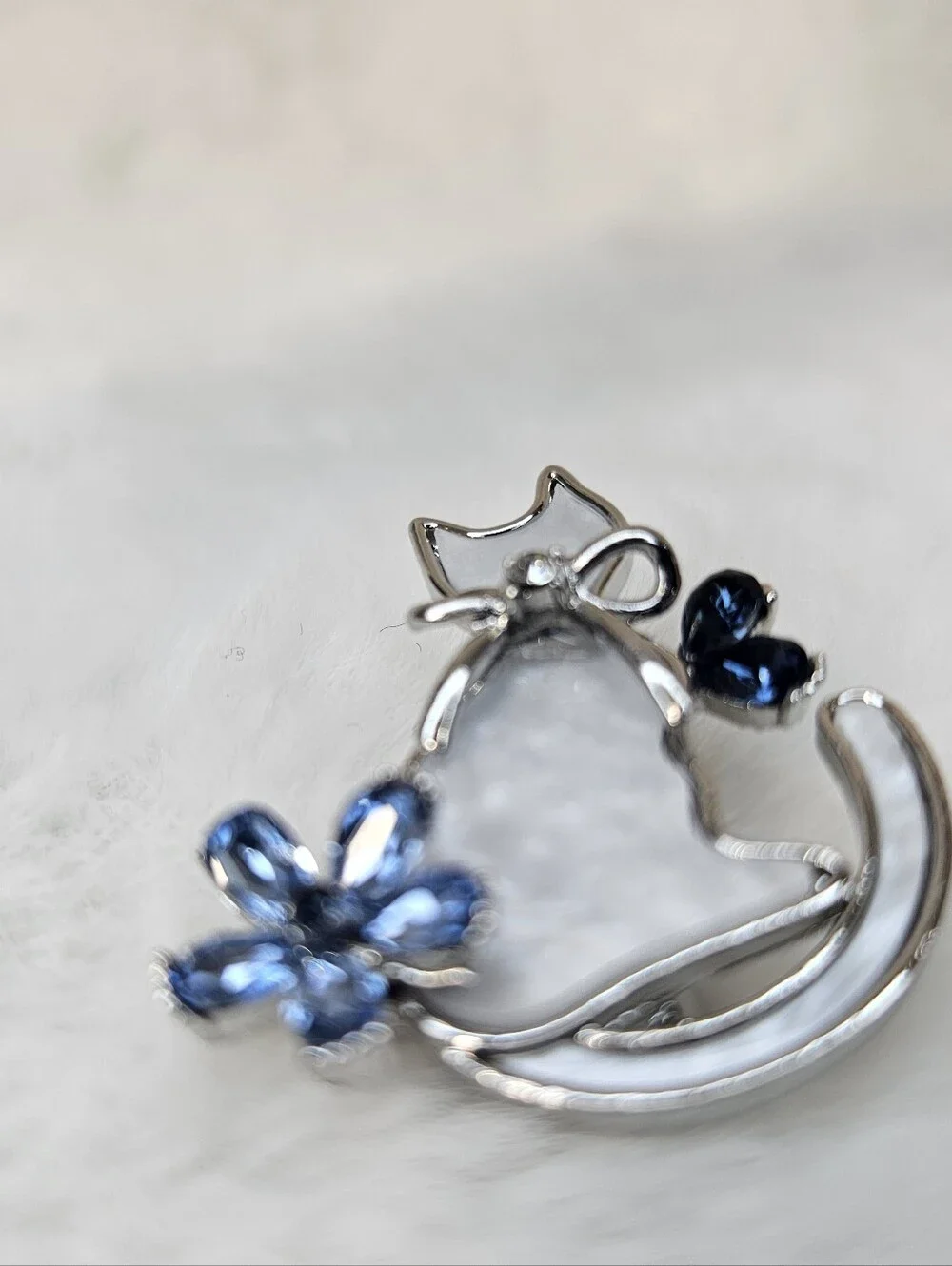 Silver Cat Brooch with Blue Crystal Flower